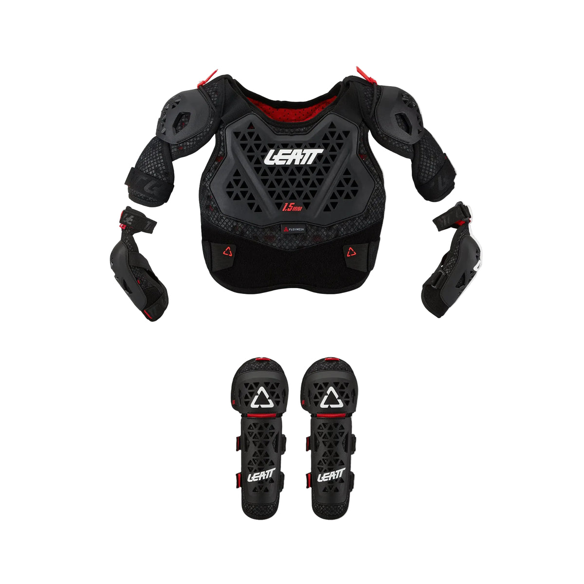 Leatt Protection Kit 1.5 Pro Mini in black with chest and shoulder guard, elbow guards and knee guards