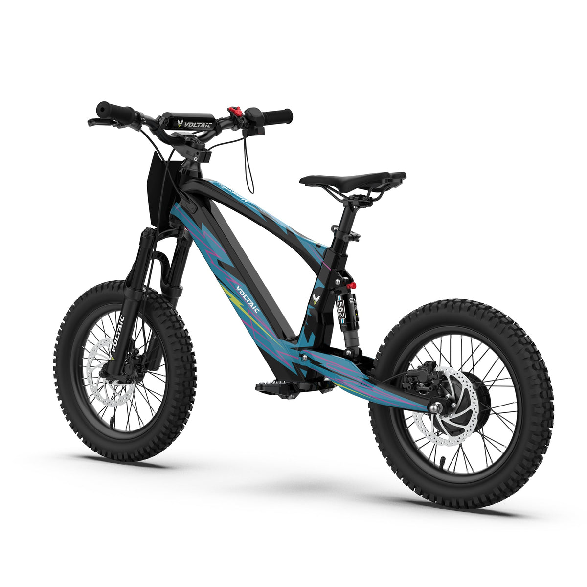 Blue Flying Fox 16-inch side angle showing the suspension fork and rear shock