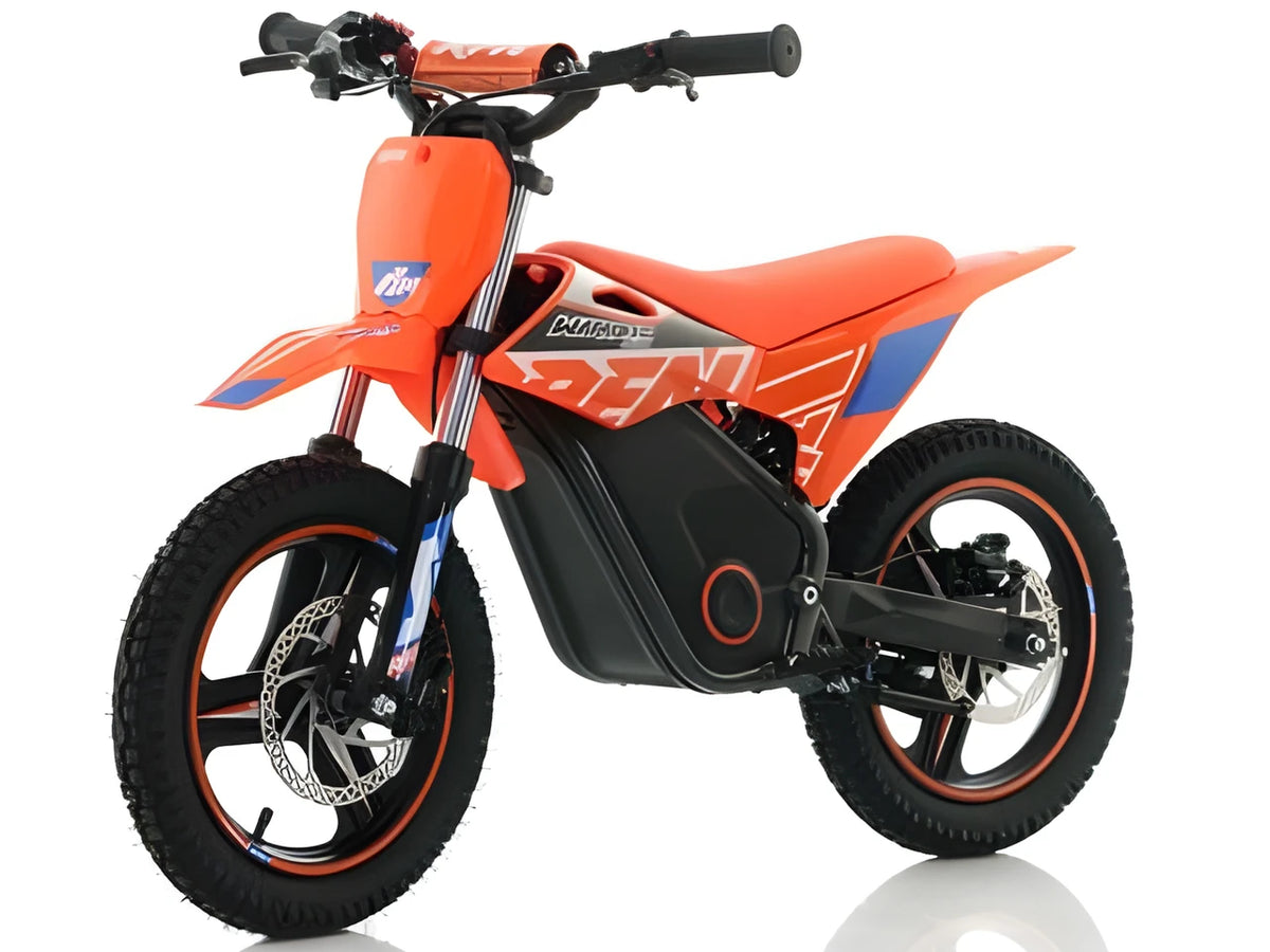 RFN Warrior SX-E350 electric dirt bike in orange, front three-quarter view