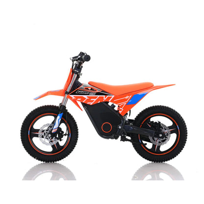 RFN Warrior SX-E350 electric dirt bike in orange, left-side view