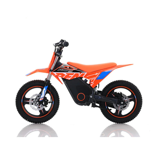 RFN Warrior SX-E350 electric dirt bike in orange, left-side view