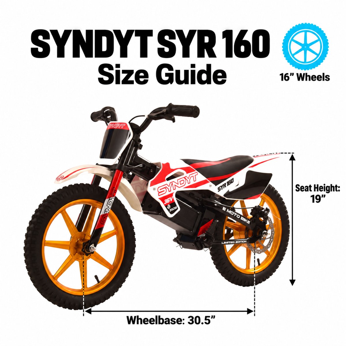 SYNDYT SYR 160 size guide showing the stock bike and seat height